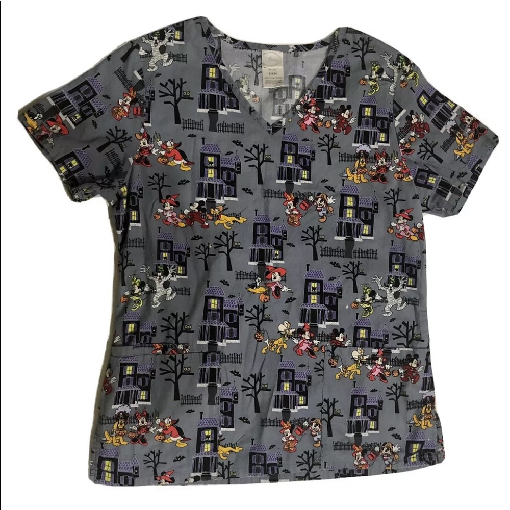 Disney Mickey And Minnie Mouse Pluto Halloween Medical Scrub Top Sz Small
